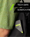 Streak Free Electronic Screen Wipes in pocket-sized pack inside backpack with tech-safe and scratch-free label