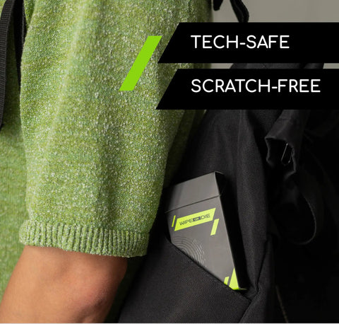 Streak Free Electronic Screen Wipes in pocket-sized pack inside backpack with tech-safe and scratch-free label