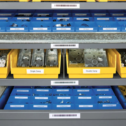 Organized storage shelves with labeled bins showcasing electrical components and metal parts, using Rhino 4200 Industrial Label Maker.