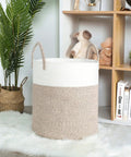 Huge Cotton Rope Storage Basket 18 By 16 Inches Decorative Woven Laundry Hamper in living room with toys and books.
