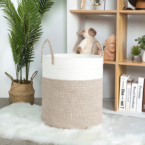 Huge Cotton Rope Storage Basket 18 By 16 Inches Decorative Woven Laundry Hamper in living room with toys and books.