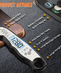 Waterproof Instant-Read Meat Thermometer With Backlight for Grilling and Cooking featuring foldable probe on wood surface.