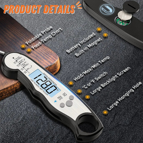 Waterproof Instant-Read Meat Thermometer With Backlight for Grilling and Cooking featuring foldable probe on wood surface.