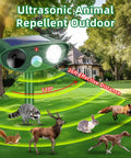 Two Pack Solar Ultrasonic Deer Deterrent With Motion Sensor And Bright LED Strobe For Outdoor Garden Yard Keeps Pests At Bay From Rabbits Raccoons Squirrels Skunks Foxes And Cats Waterproof Weatherproof on lawn with 110° range