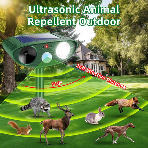 Two Pack Solar Ultrasonic Deer Deterrent With Motion Sensor And Bright LED Strobe For Outdoor Garden Yard Keeps Pests At Bay From Rabbits Raccoons Squirrels Skunks Foxes And Cats Waterproof Weatherproof on lawn with 110° range