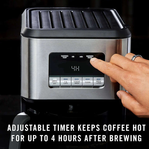 Front view of Programmable Coffee Maker With Glass Carafe, 14 Cup Capacity, Stainless Steel Finish, showing control panel