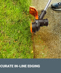 Ultra Lightweight 40V Cordless String Trimmer Weed Eater With 13 Inch Dual Exit Cutting Head in action along a sidewalk edge