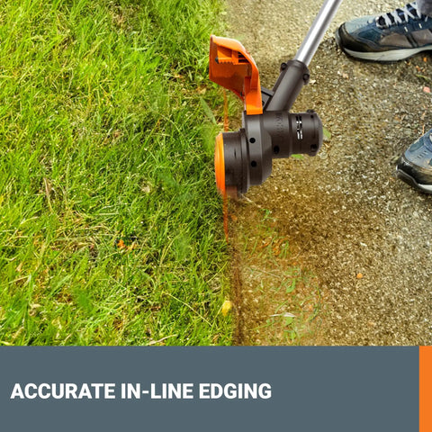 Ultra Lightweight 40V Cordless String Trimmer Weed Eater With 13 Inch Dual Exit Cutting Head in action along a sidewalk edge