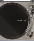 Crosley C100A Silver Belt Drive Turntable With Aluminum Tonearm Pitch Control For 33 And 45 Rpm Vinyl Records in sleek design.