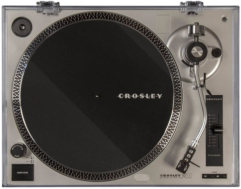 Crosley C100A Silver Belt Drive Turntable With Aluminum Tonearm Pitch Control For 33 And 45 Rpm Vinyl Records in sleek design.