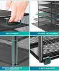 8 Tier Desk Paper Tray Organizer With Handles Mesh File Holder Storage, close-up on handle and mesh details, black