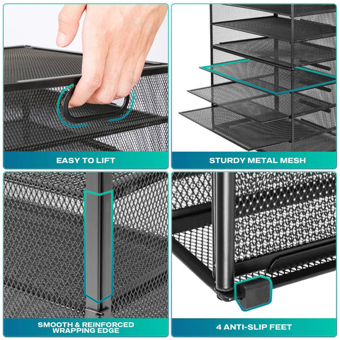 8 Tier Desk Paper Tray Organizer With Handles Mesh File Holder Storage, close-up on handle and mesh details, black