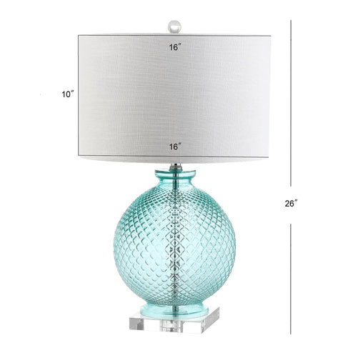 Aqua Diamond Etched Glass And Crystal Table Lamp 26 Inch Tall Coastal Transitional Bedside Light With White Linen Drum Shade LED Bulb Included ETL Listed Energy Saving Modern Home Decor