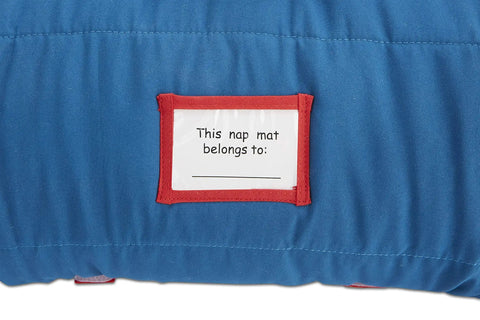 Blue Team Spirit Nap Mat Set With Built In Pillow And Plush Blanket, name tag section visible.