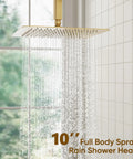 All Metal Brushed Gold Shower Head System with 10 inch rain head, ceiling mounted, showing water spray in bathroom.