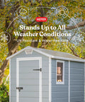 4x6 Resin Outdoor Storage Shed Kit in gray and white, shown in garden, weather resistant with skylight and window, easy assembly
