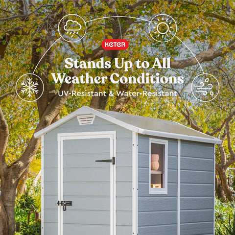 4x6 Resin Outdoor Storage Shed Kit in gray and white, shown in garden, weather resistant with skylight and window, easy assembly