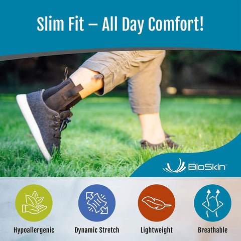 Person wearing AFTR Ankle Compression Brace Snug Fit For Sprained Ankles And Post Injury Support, demonstrating flexibility.