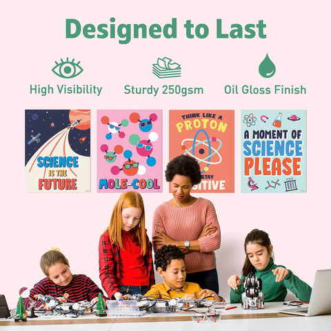 Dope Large Science Posters For Classroom And Study Area Science Themed Decor displayed with students and teacher in lab activity.