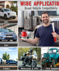 Man holding Two In One Bearing Packer And Seal Puller Tool Kit near various vehicles like SUVs, cars, trailers, and ATVs