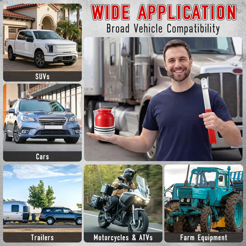 Man holding Two In One Bearing Packer And Seal Puller Tool Kit near various vehicles like SUVs, cars, trailers, and ATVs