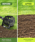 2 In 1 Heavy Duty Rotary Cultivator And Weeder Hand Tiller showing before and after effects on soil and weeds