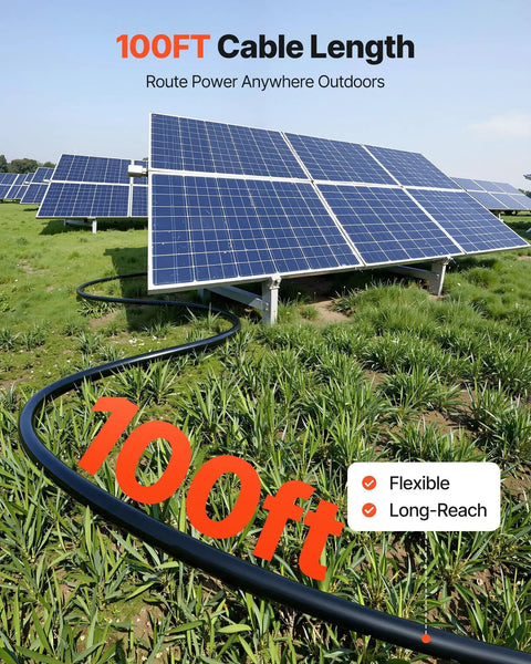 Beefy Heavy Duty Solar Panel Extension Cable Kit 100 Ft Black and 100 Ft Red, 10 AWG cable stretching near solar panels outdoors.