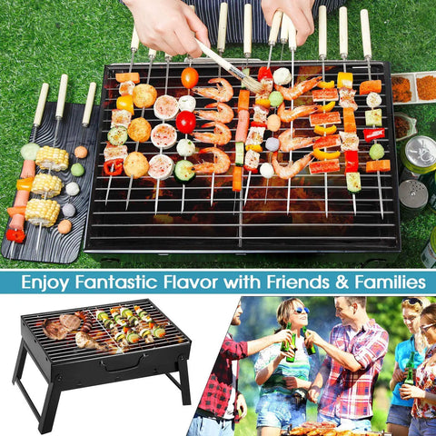 Portable Folding Charcoal Grill For Outdoor BBQ On The Go with skewers and food grilling on stainless steel