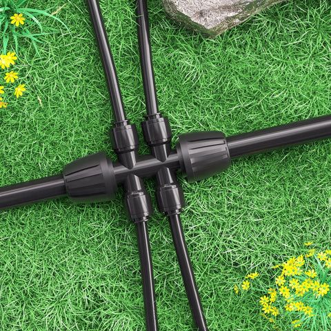 Four Pack 1/2 To 1/4 Inch Barbed Tee Quick Connectors For Drip Irrigation, 4 Way Splitter Fittings, installed on grass