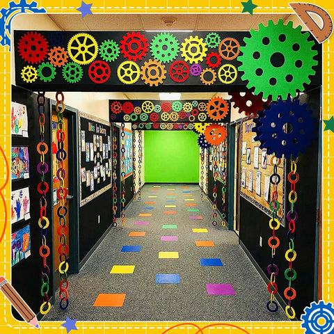 Colorful Gear Shaped Felt Decor Mats Set Of 48 In Four Sizes 3.1, 4.7, 6.2 And 7.8 Inches for classroom bulletin board decor displayed in hallway