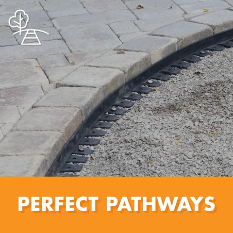 Snip To Flex Paver Edging Kit For DIY Landscaping, 60 Feet of Pro Grade Plastic Edging installed along a curved pathway.