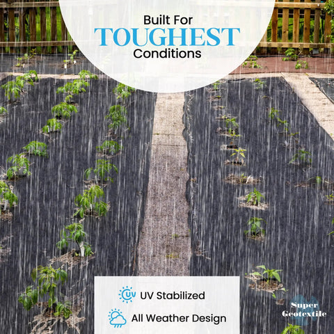Heavy Duty 4 Ounce Non Woven Geotextile Fabric For Landscaping Drainage French Drains Underlayment Erosion Control And Construction Projects Easy To Cut Quick Install Durable Material 3x50 Pack installed in a garden under rain