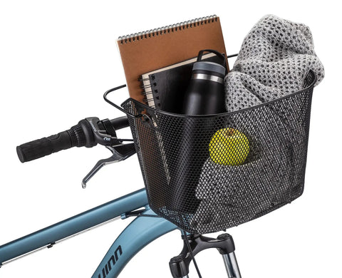 Quick Release Wire Bike Basket For Adults Black Weather Resistant Carry Handle Fits Most Adult Bicycles with items inside