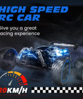 Durable And Rugged 1:18 Scale 2WD RC Car for kids with LED lights speeding on track, shown in dynamic motion with speedometer icon.