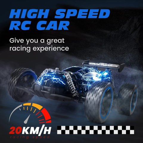 Durable And Rugged 1:18 Scale 2WD RC Car for kids with LED lights speeding on track, shown in dynamic motion with speedometer icon.