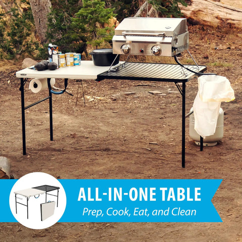Folding Tailgate Table With Grill Rack For Outdoor Camping And Grilling, 5 Foot Portable Prep Station, setup in forest