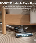 Cordless Vacuum Cleaner With Self Standing And LED Screen showcasing 90° and 180° rotatable floor brush under a bed