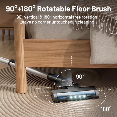 Cordless Vacuum Cleaner With Self Standing And LED Screen showcasing 90° and 180° rotatable floor brush under a bed