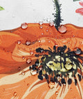 Close-up of water droplets on floral pattern, outdoor chair cushion fabric from the "Outdoor Chair Cushions For Patio Furniture 24X24 Deep Seat Set With Removable Covers UV Resistant Waterproof Cushions For Garden Deck Porch Farmhouse Vibe Floral Pattern All Weather Comfort" line.