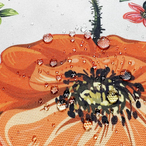 Close-up of water droplets on floral pattern, outdoor chair cushion fabric from the "Outdoor Chair Cushions For Patio Furniture 24X24 Deep Seat Set With Removable Covers UV Resistant Waterproof Cushions For Garden Deck Porch Farmhouse Vibe Floral Pattern All Weather Comfort" line.