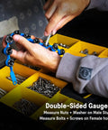 Person using Identibolt Flex Portable Nut And Bolt Thread Gauge Checker For Imperial SAE And Metric Threads Dual-Sided Measure.