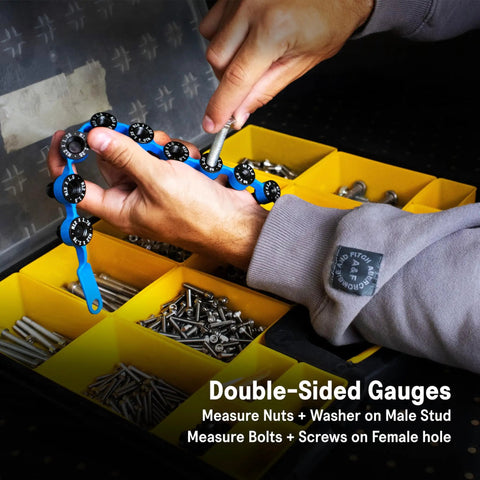 Person using Identibolt Flex Portable Nut And Bolt Thread Gauge Checker For Imperial SAE And Metric Threads Dual-Sided Measure.