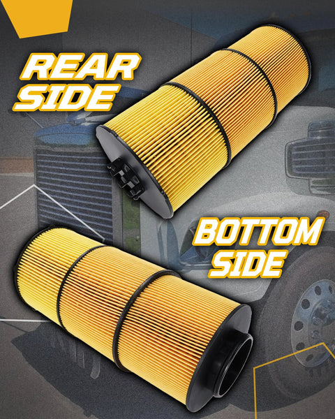 Rear and bottom view of 6 Piece Oil And Lube Filter Set For Freightliner And Western Star Trucks Fits 114SD 122SD Cascadia L6 Engines