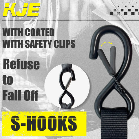 Four Pack Heavy Duty Black Ratchet Straps One Inch By Fifteen Feet showing black S-hooks with safety clips for secure tie downs