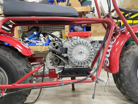 Aluminum Flywheel Upgrade For Predator 212cc And 224cc Non Hemi Engines, Honda GX200 GX160 Fitment, installed on mini bike chassis