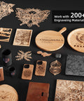 Various engraved items including wood, leather, and acrylic products made by Beast Power 20000mW Laser Engraver And Cutter For Metal, Glass, Wood, Leather, 3.5 Inch Touch Screen CNC Laser Engraving Machine, DIY Engraver Tool With Class II Safety And Pro Grade Precision For Detailed Cuts.