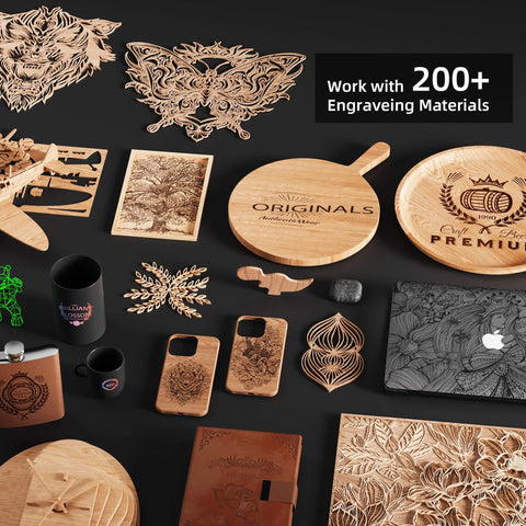 Various engraved items including wood, leather, and acrylic products made by Beast Power 20000mW Laser Engraver And Cutter For Metal, Glass, Wood, Leather, 3.5 Inch Touch Screen CNC Laser Engraving Machine, DIY Engraver Tool With Class II Safety And Pro Grade Precision For Detailed Cuts.