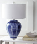 Seaside Blue Ceramic LED Table Lamp With Coastal Glam Reactive Glaze Crystal Base White Linen Drum Shade 26 Inch Tall
