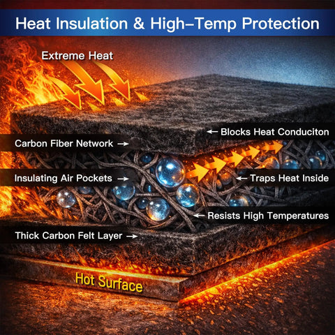 Cross-section of Two Pack 10x10 Inch Fireproof Welding Blanket Set, showing carbon fiber network and insulating air pockets.