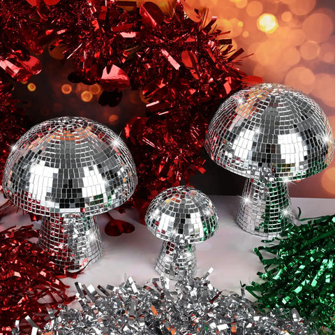 Mushroom Disco Ball Set Of Four, Silver Mirror Glitter Balls For Stage And Home Party Decor, 4 Inch, 4 Inch, 6 Inch And 7 Inch, displayed with festive tinsel